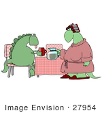 #27954 Clip Art Graphic Of A Female Dinosaur In A Pink Robe And Her Hair In Curlers Serving Coffee To Her Exhausted Husband After Waking Up In The Morning