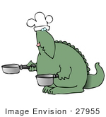 #27955 Clip Art Graphic Of A Green Dinosaur Chef Wearing A White Chefs Hat And Holding Two Pots