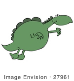 #27961 Clip Art Graphic Of A Green Dinosaur Taking A Leap For Something It Desires