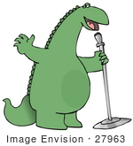 #27963 Clip Art Graphic Of A Green Comedian Or Singing Dinosaur Using A Microphone While Entertaining On A Stage