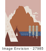 #27985 American Indian Tipis And Rock Art Near A River And Mountains In Montana Stock Illustration