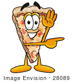 #28089 Clip Art Graphic Of A Cheese Pizza Slice Cartoon Character Waving And Pointing To The Right