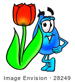 #28249 Clip Art Graphic Of A Blue Waterdrop Or Tear Character With A Red Tulip Flower In The Spring