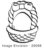 #29098 Royalty-Free Black And White Cartoon Clip Art Of An Egg In A Brown Easter Basket With A Pink Bow On The Handle