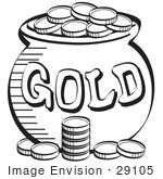 #29105 Royalty-Free Black And White Cartoon Clip Art Of A Stack Of Coins Near A Pot Of Leprechaun’S Gold