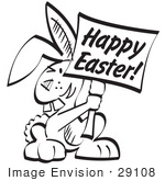 #29108 Royalty-Free Black And White Cartoon Clip Art Of A Buck Toothed Bunny Rabbit Holding A Happy Easter Sign