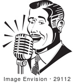 #29112 Royalty-Free Black And White Cartoon Clip Art Of A Man Singing Or Announcing Into A Microphone