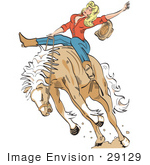 #29129 Royalty-Free Cartoon Clip Art Of An Attractive Blonde Cowgirl Riding A Bucking Bronco Horse In A Rodeo