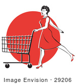#29206 Royalty-Free Cartoon Clip Art Of A Young Woman In A Red Dress And High Heels Walking And Pushing A Shopping Cart In Front Of A Red Circle