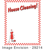 #29214 Royalty-Free Cartoon Clip Art Of A Woman Vacuuming With A Canister Vacuum With Text Reading &Quot;House Cleaning!&Quot; Borderd By Red Checkers