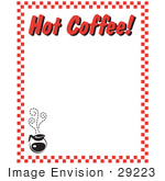 #29223 Royalty-Free Cartoon Clip Art Of A Steamy Hot Pot Of Coffee And Text Reading &Quot;Hot Coffee!&Quot; Borderd By Red Checkers