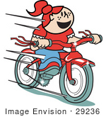 #29236 Royalty-free Cartoon Clip Art of a Happy Red Haired Girl Speeding Downhill On Her Brand New Red Bike Retro by Andy Nortnik