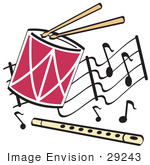 #29243 Royalty-Free Cartoon Clip Art Of A Drumsticks Playing A Drum And A Flute Over A Musical Note Background