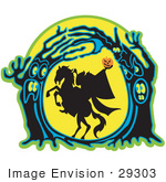 #29303 Royalty-Free Cartoon Clip Art Of The Headless Horseman Holding His Pumpkin Head Up High As His Horse Rears Up In A Haunted Forest Of Evil Trees