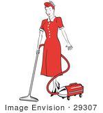 #29307 Royalty-Free Cartoon Clip Art Of A Red Haired Housewife Or Maid Woman In A Long Red Dress And Heels Using A Canister Vacuum To Clean The Floors