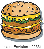 #29331 Royalty-Free Cartoon Clip Art Of A Tasty Double Cheeseburger With Two Meat Patties Pickles Ketchup And Melted Cheese On A Sesame Seed Bun