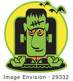 #29332 Royalty-Free Cartoon Clip Art Of A Green Frankenstein With Vampire Bats