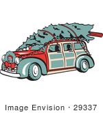 #29337 Royalty-Free Cartoon Clip Art Of A Red Woodie Car Carrying A Christmas Tree On The Roof Decorated In Christmas Lights And A Wreath