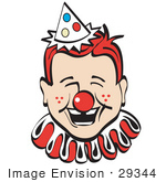 #29344 Royalty-free Cartoon Clip Art of a Jolly Freckled Boy With A Red Clown Nose, Party Hat And Collar, Laughing by Andy Nortnik