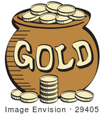 #29405 Royalty-Free Cartoon Clip Art Of A Stack Of Gold Coins Near A Pot Of Leprechaun’S Gold