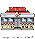 #29406 Royalty-Free Cartoon Clip Art Of A Retro Diner Building With A Clock On It And Signs Advertising Burgers And Malts