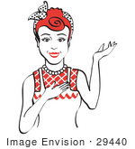 #29440 Royalty-Free Cartoon Clip Art Of A Friendly Red Haired Housewife Waitress Or Maid Woman Wearing An Apron And Resting One Hand On Her Chest While Holding The Other Hand Up