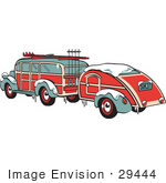 #29444 Royalty-free Cartoon Clip Art of a Green And Red Woody Car Hauling A Trailer And Carrying Skis And Poles On The Roof by Andy Nortnik