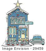 #29459 Royalty-free Cartoon Clip Art of a Car Covered In Snow Outside A Victorian House Decorated In Christmas Lights At 2365 Main Street by Andy Nortnik