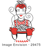 #29475 Royalty-Free Cartoon Clip Art Of A Red Haired Housewife Wearing An Apron And Oven Gloves Smelling Fresh Hot Chocolate Chip Cookies Right Out Of The Oven