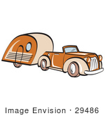 #29486 Royalty-free Cartoon Clip Art of an Orange Convertible Car Pulling A Trailer by Andy Nortnik