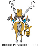 #29512 Royalty-free Cartoon Clip Art of a Nervous Buck Toothed Horse Looking Back At A Crazy Cowboy That Is Sitting On His Lap And Shooting Two Pistils by Andy Nortnik