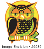 #29589 Royalty-free Cartoon Clip Art of a Wise And Colorful Owl Perched On A Branch At Night Against A Full Moon by Andy Nortnik