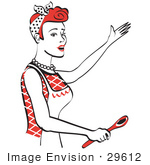 #29612 Royalty-Free Cartoon Clip Art Of A Happy Red Haired Housewife Or Maid Woman In An Apron Singing And Using A Spoon While Baking In The Kitchen