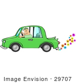#29707 Clip Art Graphic Of A Man Driving An Environmentally Green Car Emitting Colorful Flowers From The Exhaust
