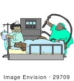 #29709 Clip Art Graphic Of A Nurse Preparing An Iv And Watching As A Proctologist Prepares To Give A Scared Man A Colonoscopy