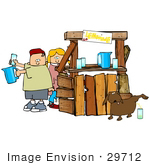 #29712 Clip Art Graphic Of A Mischievous Dog Urinating In A Glass While A Boy And Girl Pour Real Drinks At A Lemonade Stand