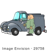 #29758 Clip Art Graphic Of A Technician Holding Tools And Standing By A Work Truck