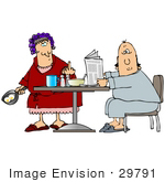 #29791 Clip Art Graphic Of A Shocked Husband Holding A Newspaper And Eating Breakfast As His Mad Wife Cooks Eggs And Flips Him Off