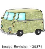 #30374 Clip Art Graphic Of A Hippie Volkswagen Van With Yellow And Green Moon And Star Patterns
