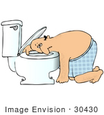 #30430 Clip Art Graphic Of A Nauseated Caucasian Man With The Flu Leaning His Head Under The Toilet Seat After Throwing Up