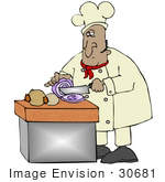 #30681 Clip Art Graphic Of A Hispanic Male Chef In A Chefs Hat And Jacket Crying While Prepping Food And Slicing Onions In A Kitchen