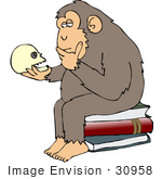 #30958 Clip Art Graphic Of A Cartoon Parody Of Rheinhold’S &Quot;Philosophizing Monkey&Quot; Showing A Chimp Holding A Skull And Sitting On Books