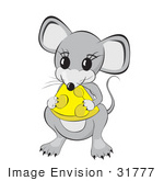 #31777 Clipart Illustration Of An Adorable Little Gray Mouse Eating Yellow Cheese With Holes In It