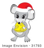 #31793 Clipart Illustration Of A Cute Little Gray Mouse Wearing A Red And White Santa Hat And Holding And Nibbling On A Wedge Of Yellow Swiss Cheese