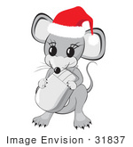#31837 Clipart Illustration Of A Cute Little Gray Mouse Wearing A Red And White Santa Hat And Holding A Computer Mouse