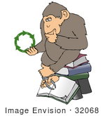 #32068 Clip Art Graphic Of A Cartoon Parody Of Rheinhold’S &Quot;Philosophizing Monkey&Quot; Showing A Chimpanzee Holding Recycling Arrows And Sitting On Books