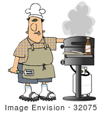 #32075 Clip Art Graphic Of A Caucasian Man Grinning While Cooking On A Gas Grill