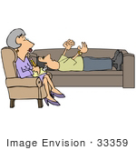 #33359 Clip Art Graphic Of An Emotional Caucasian Man Lying On A Couch And Gesturing With His Hands While Venting To His Shrink A Middle Aged Woman Seated In A Chair by DJArt