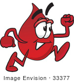 #33377 Clip Art Graphic Of A Transfusion Blood Droplet Mascot Cartoon Character Running