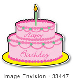 #33447 Clipart Of A Pink Girl’S Birthday Cake With Two Layers And One Candle On Top